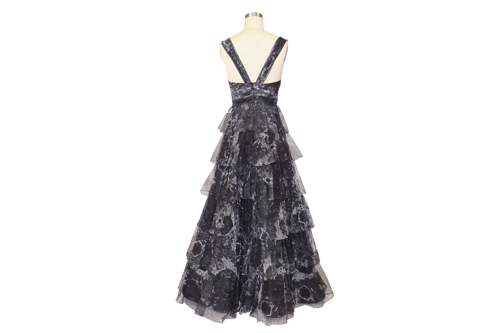 Thumbnail: Deep V-Neck Printed Tulle Tiered Gown