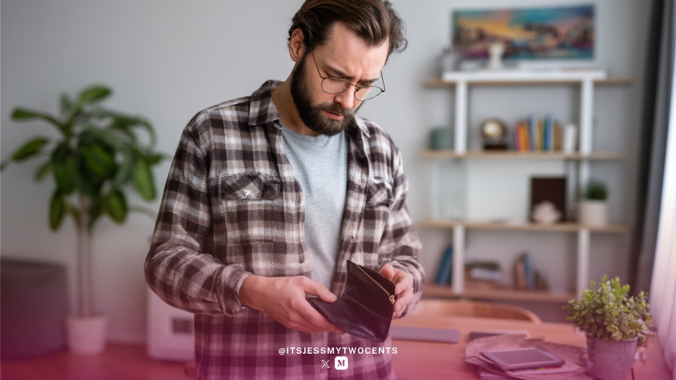 Man in plaid shirt and glasses looks at empty wallet in a modern room with shelves and plants. Text: @ITSJESSMYTWOCENTS.