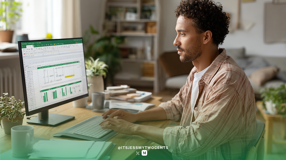 Man working at a desk on a spreadsheet, focused. Plants and mugs surround him in a bright office. Text: @ITSJESSMYTWOCENTS.