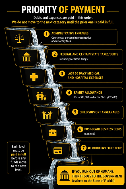 Infographic showing the priority of payment for debts in Florida probate, from administrative expenses to taxes, funeral costs, and distributions to heirs