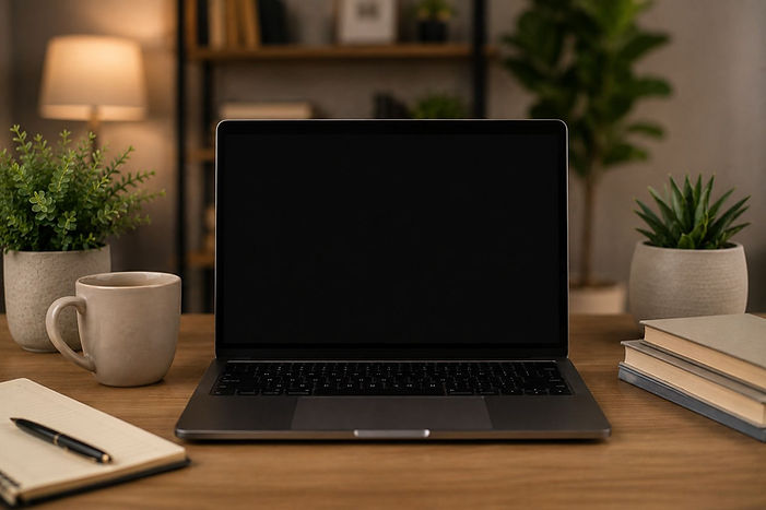 Modern home office desk with a blank laptop screen, notebook, coffee mug, and plants for an estate planning webinar or virtual consultation