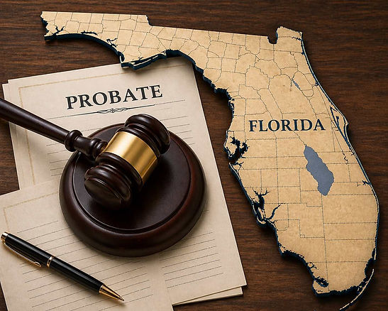 Mapa de Florida con un mazo de juez sobre documentos de sucesión, representando los procesos sucesorios en Florida