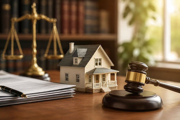 Escena de oficina cálida con iluminación tenue, que muestra una maqueta de una casa, un mazo judicial y documentos que representan la administración sumaria de la sucesión y el proceso para sucesiones pequeñas