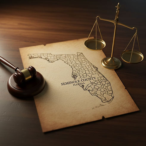 Mapa del Condado de Seminole, Florida, con un mazo y una balanza de justicia, representando servicios legales de administración de patrimonios y sucesiones
