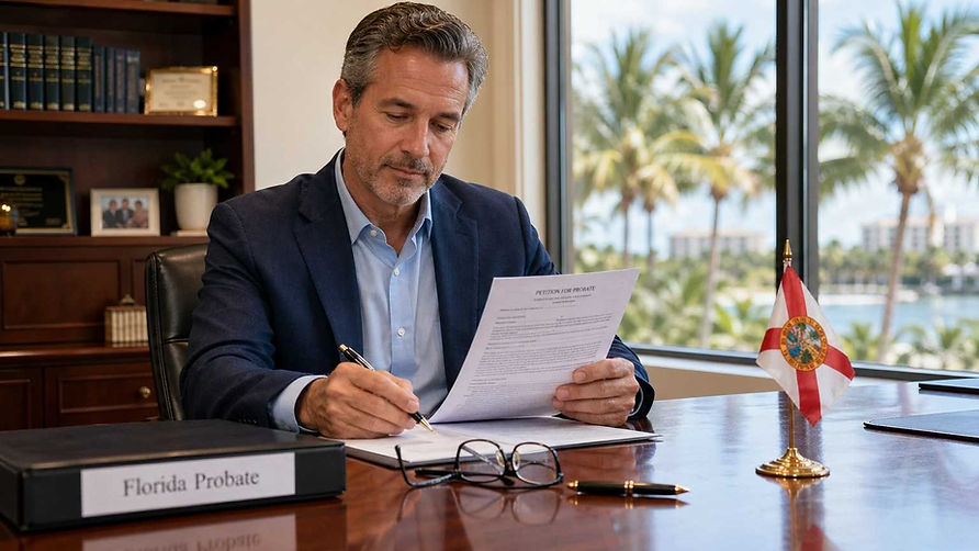 A professional personal representative reviewing Florida probate documents in a bright, palm-lined office, representing expert guidance and support for estate executors