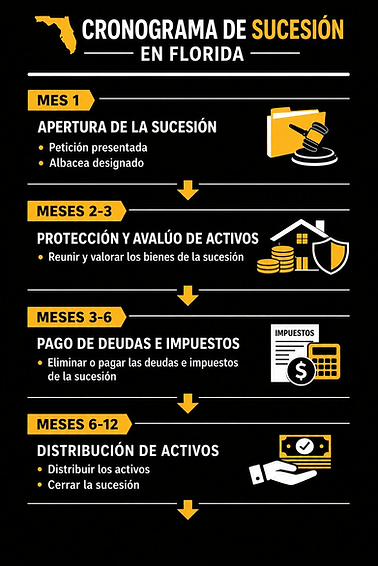 Infografía del cronograma del proceso de sucesión en Florida con las etapas y plazos clave de la administración de la herencia