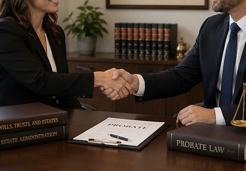 Two probate lawyers shaking hands in a professional office setting, symbolizing referral partnership for Florida probate cases