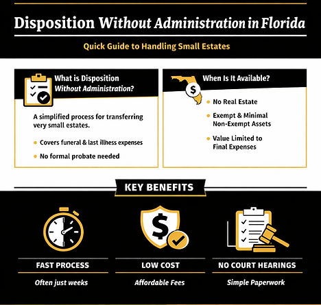 Infographic providing a quick guide to disposition without administration in Florida, showing how small estates can be handled without formal probate