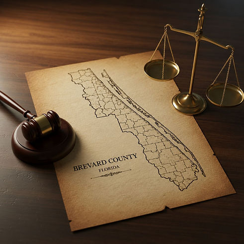 Ilustración del condado de Brevard, Florida, con un mazo y una balanza de la justicia que representan el tribunal sucesorio y la administración de sucesiones