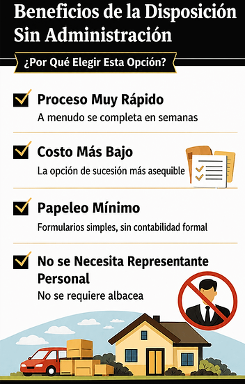 Infografía que destaca los beneficios de la disposición sin administración en Florida, incluyendo un procesamiento más rápido, costos más bajos y la posibilidad de evitar la sucesión formal