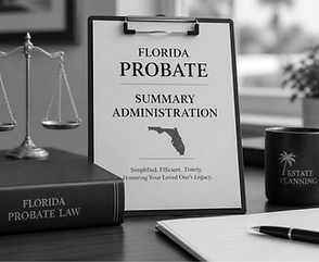 Documento de Administración Sumaria de sucesión en Florida sobre un portapapeles, con una balanza de la justicia y un libro de leyes en un entorno de oficina