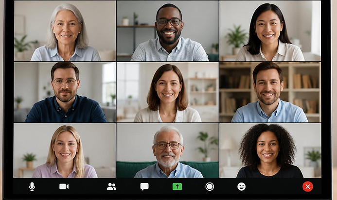 Laptop screen showing nine participants attending an online estate planning webinar registration session through a video conference