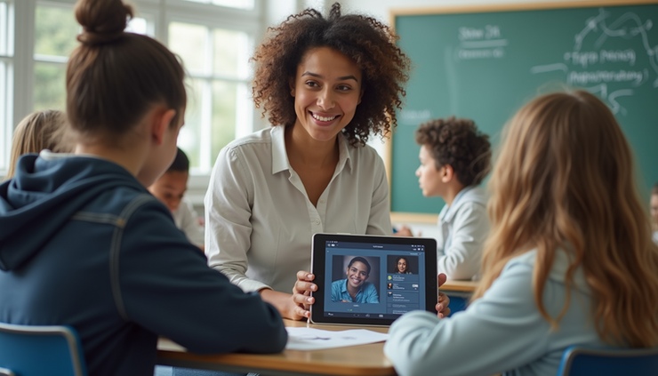Eye-level view of a teacher using a tablet in a classroom with diverse students