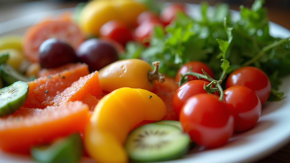 Eye-level view of a colorful plate with fresh vegetables and fruits