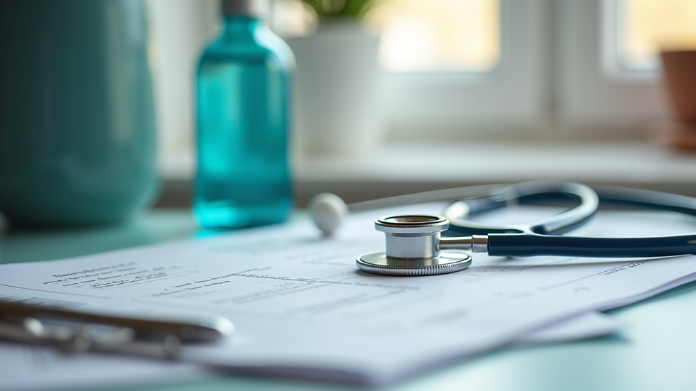 Close-up view of medical supplies and documents on a home care nurse's table