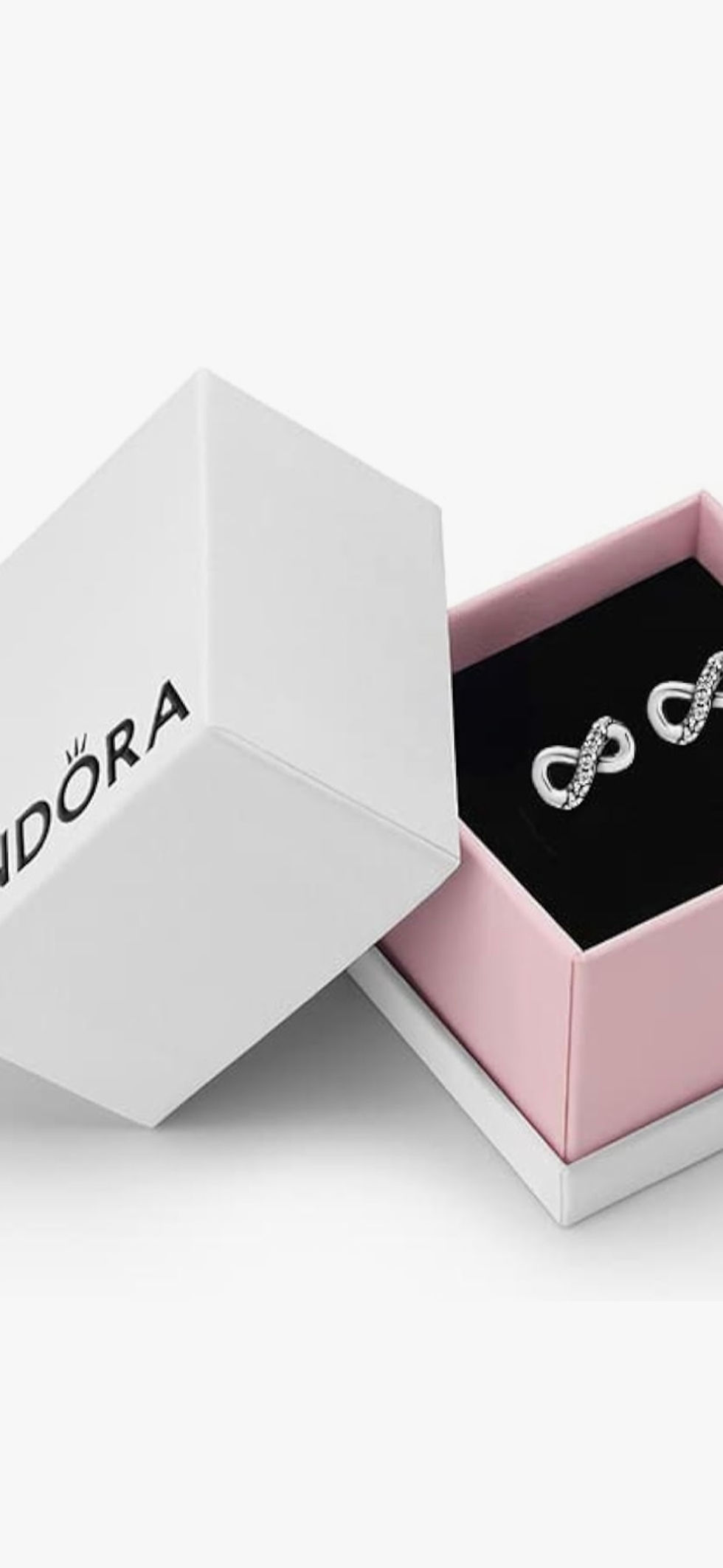 Miniature : Pandora earrings in box, silver infinity design, jewelry, white background.