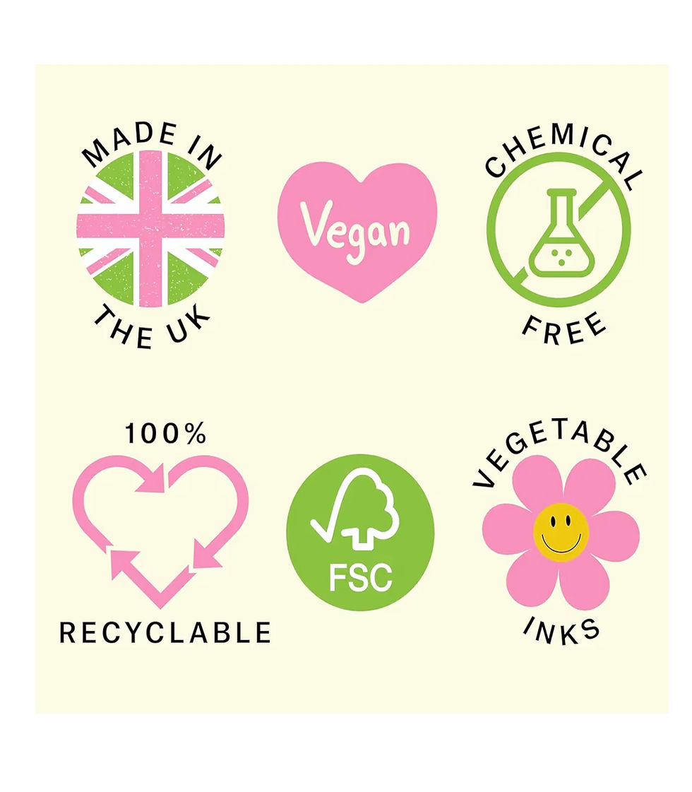 Miniatură: Product feature badges: Made in UK, Vegan, Chemical Free, Recyclable, FSC, Vegetable Inks.