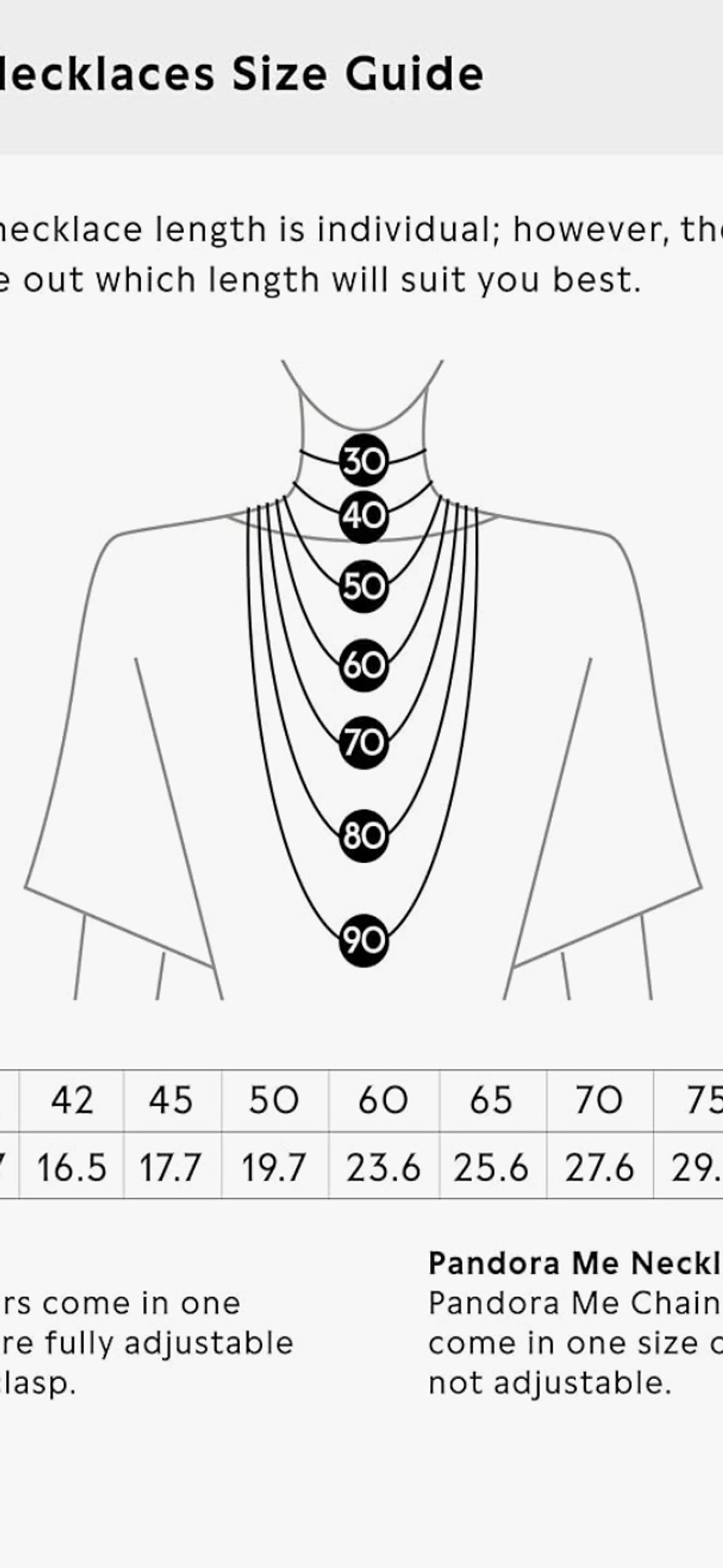 Miniatură: Pandora Necklaces Size Guide shows necklace lengths with a person wearing them.