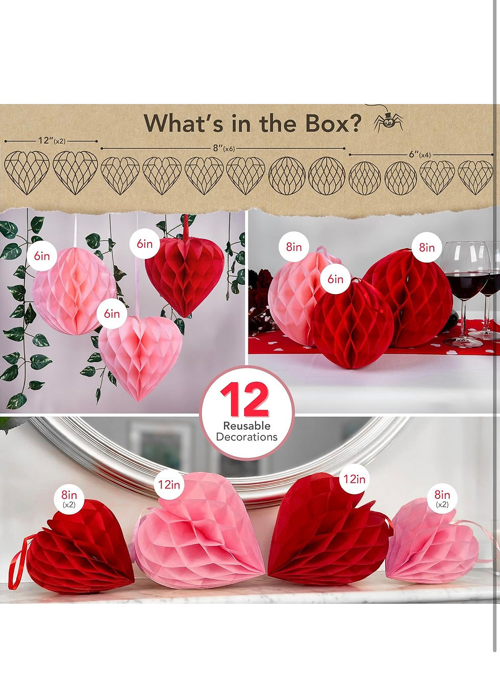 الصورة المصغرة: What's in the Box? 12 reusable pink, red heart decorations for Valentine's.