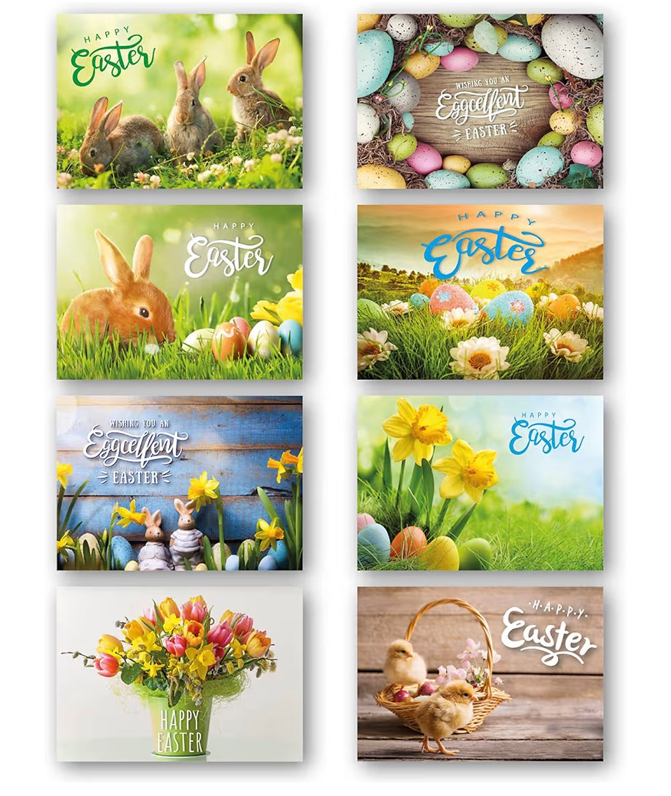 Thumbnail: Eight "Happy Easter" cards with bunnies, eggs, flowers, and baskets.