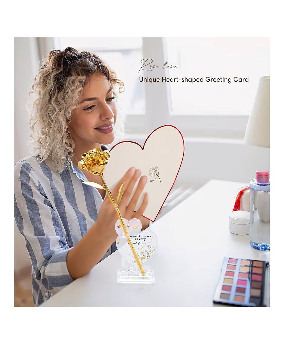 Miniature : Woman smiles holding a "Rose Ever" "Unique Heart-shaped Greeting Card".