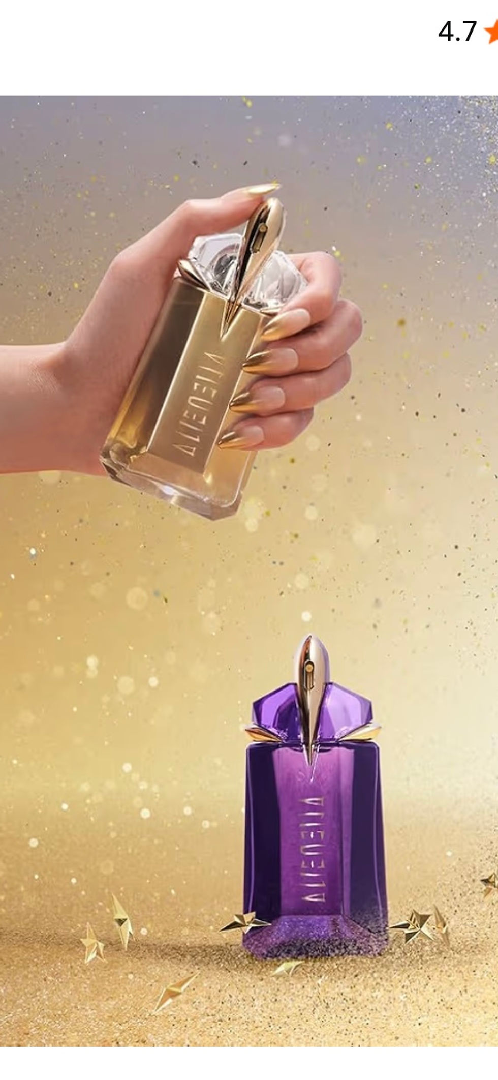 Thumbnail: Woman's hand spraying perfume over another bottle against golden background.