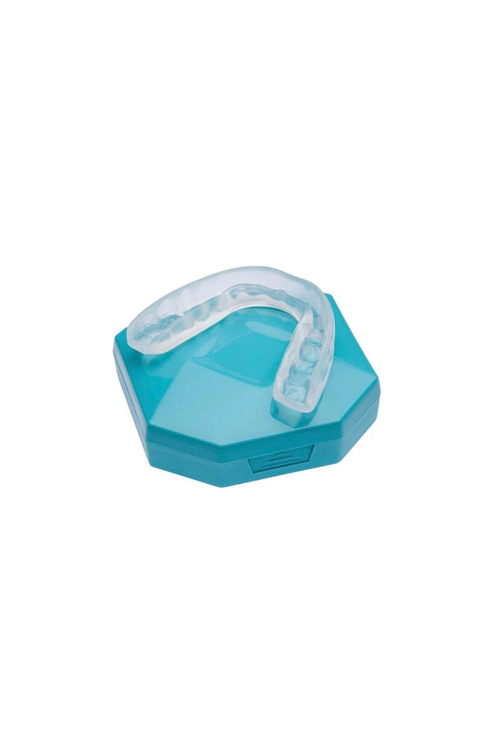 Miniaturbild: Clear mouthguard on a blue case. Protects teeth from grinding during sleep.