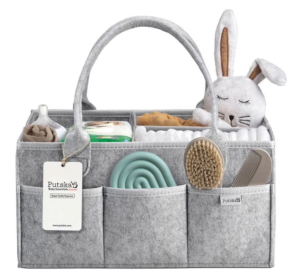 Gray BELLAMAMA 100% FELT baby caddy with bunny, bottle, brush, diapers.