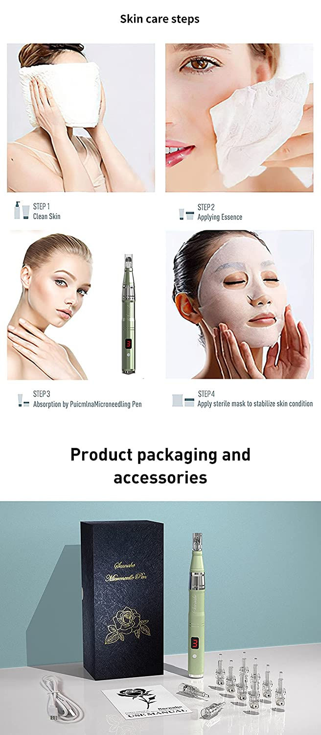 الصورة المصغرة: Skincare routine with product packaging and accessories, steps one through four.