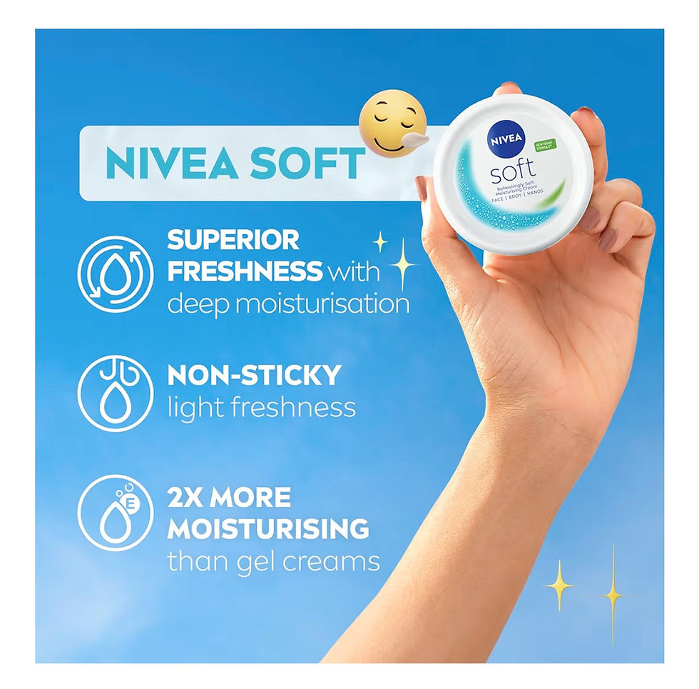 Hand holding NIVEA SOFT cream, promoting "SUPERIOR FRESHNESS" for deep moisturisation.