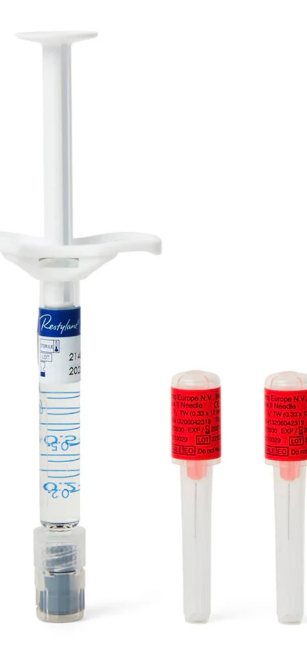 Miniatyrbild: Medical syringe and two red tipped applicators on a white background.