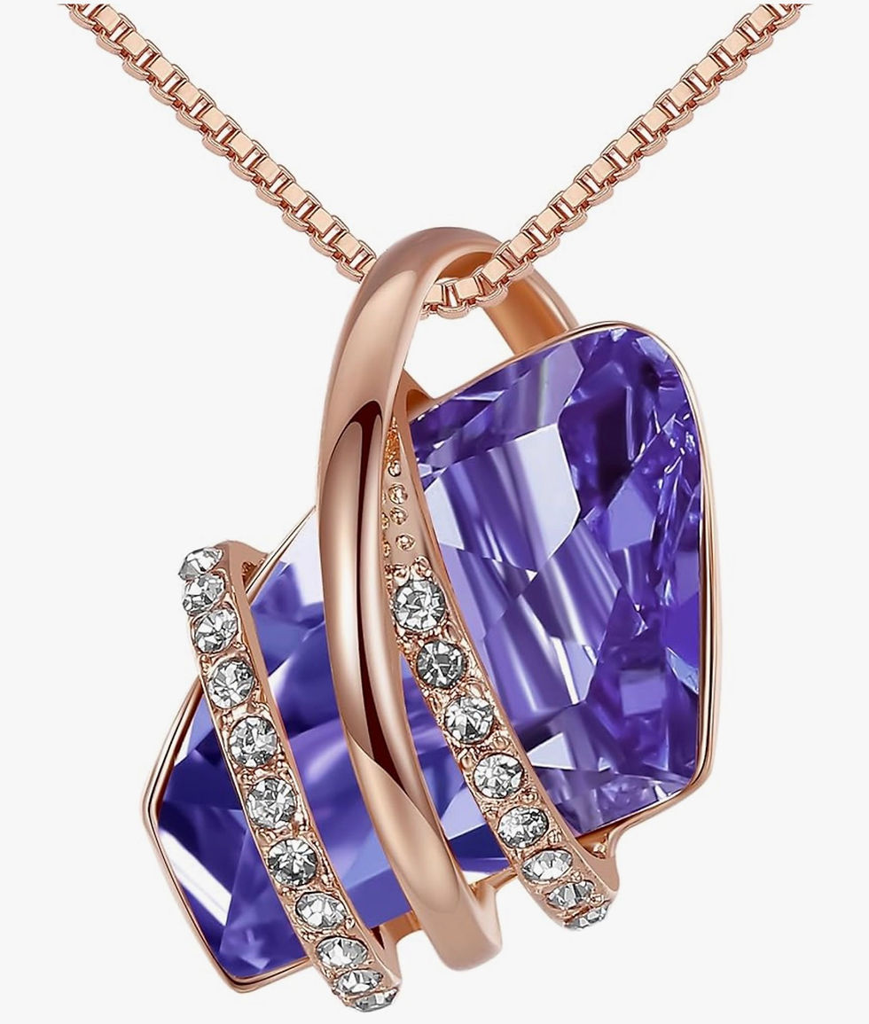 Miniature : Rose gold necklace with swirling setting, large purple crystal, and small white gems.