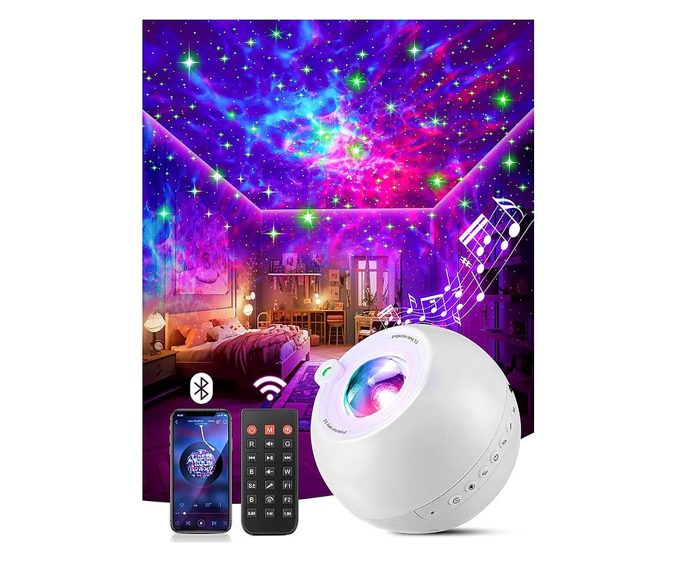 Miniaturbild: White galaxy projector, smartphone, remote, colorful nebula star projection