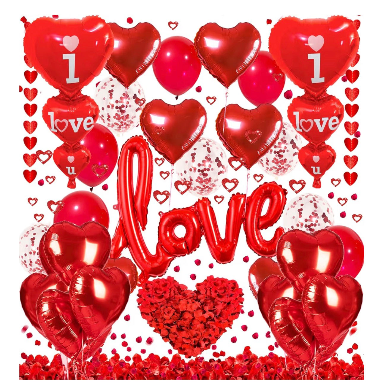 Red Valentine's Day balloons spelling 'I love' and 'Love' with hearts.