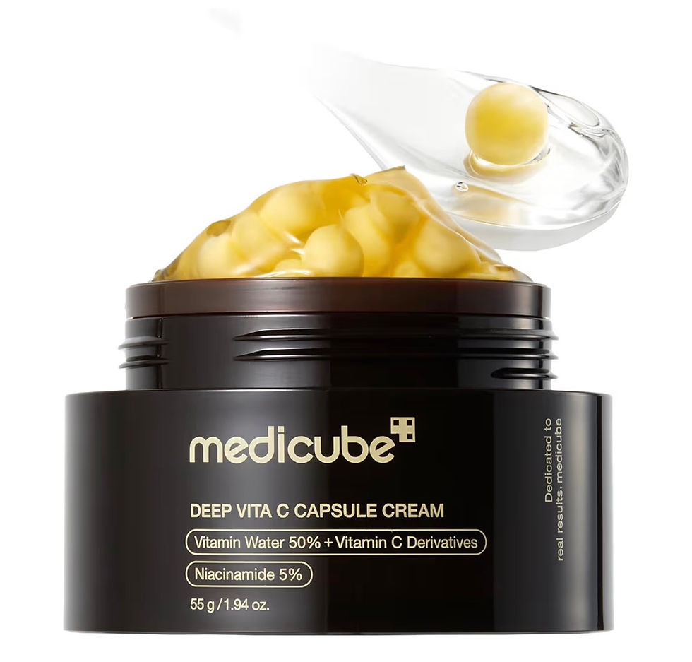 Medicube DEEP VITA C CAPSULE CREAM jar, yellow capsules visible.
