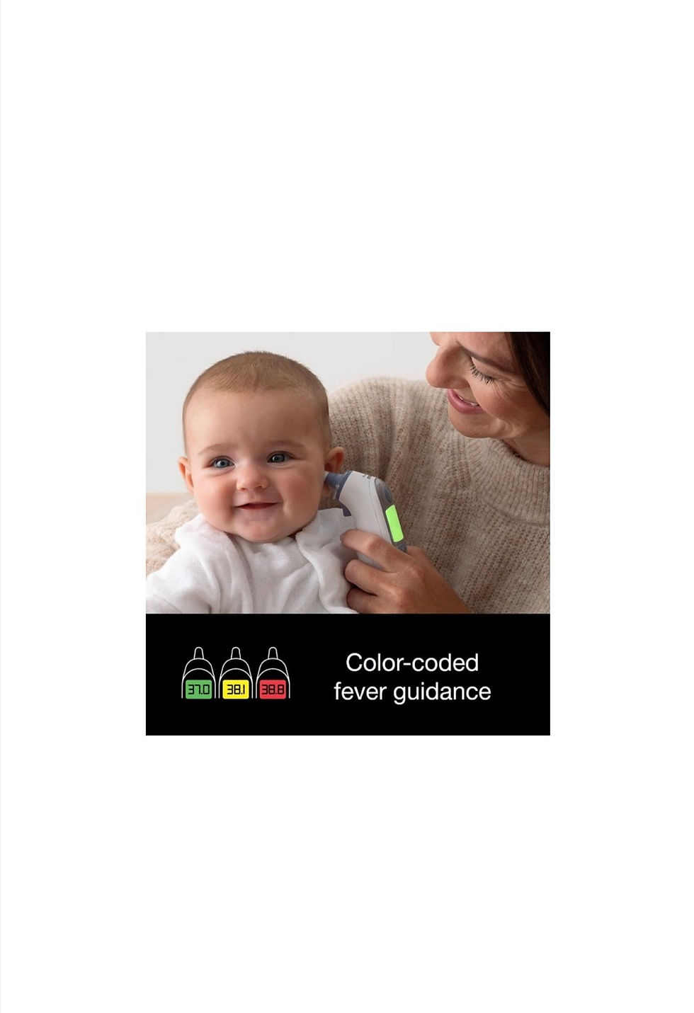 الصورة المصغرة: Woman takes baby's temperature; Color-coded fever guidance visible in image.