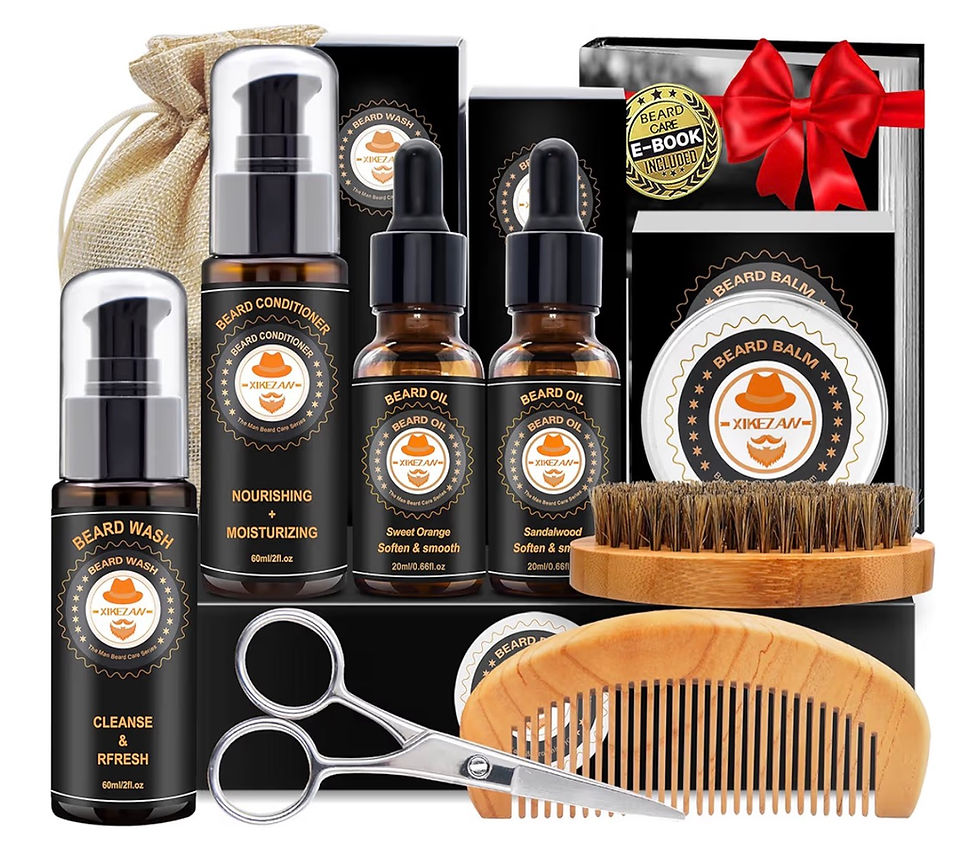 Miniaturbild: Men's beard grooming kit featuring oils, balms, brush, comb, and scissors.
