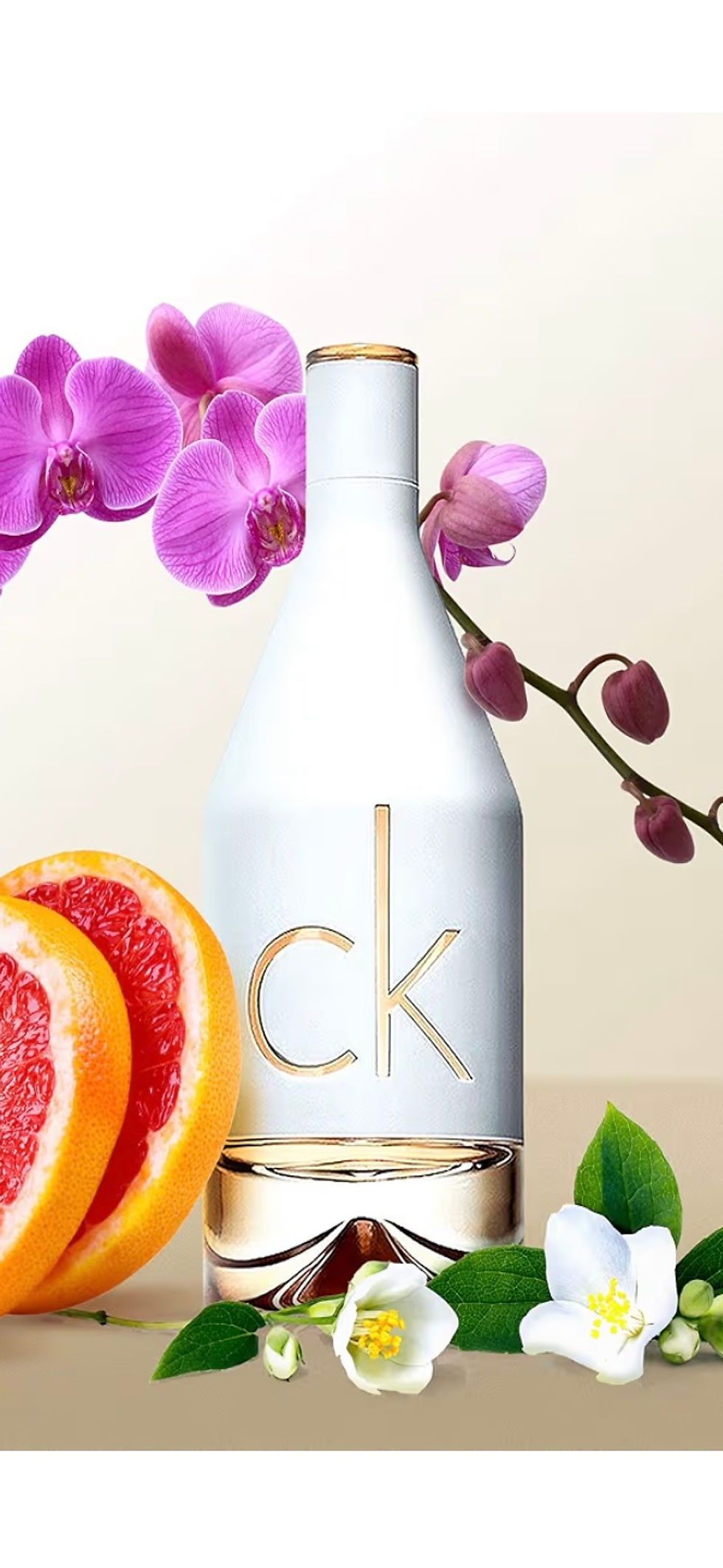 Thumbnail: CK perfume bottle with grapefruit slices and orchid flowers against beige background