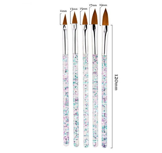 Miniature : Five nail art brushes, labeled with measurements, on a white background, size 120mm