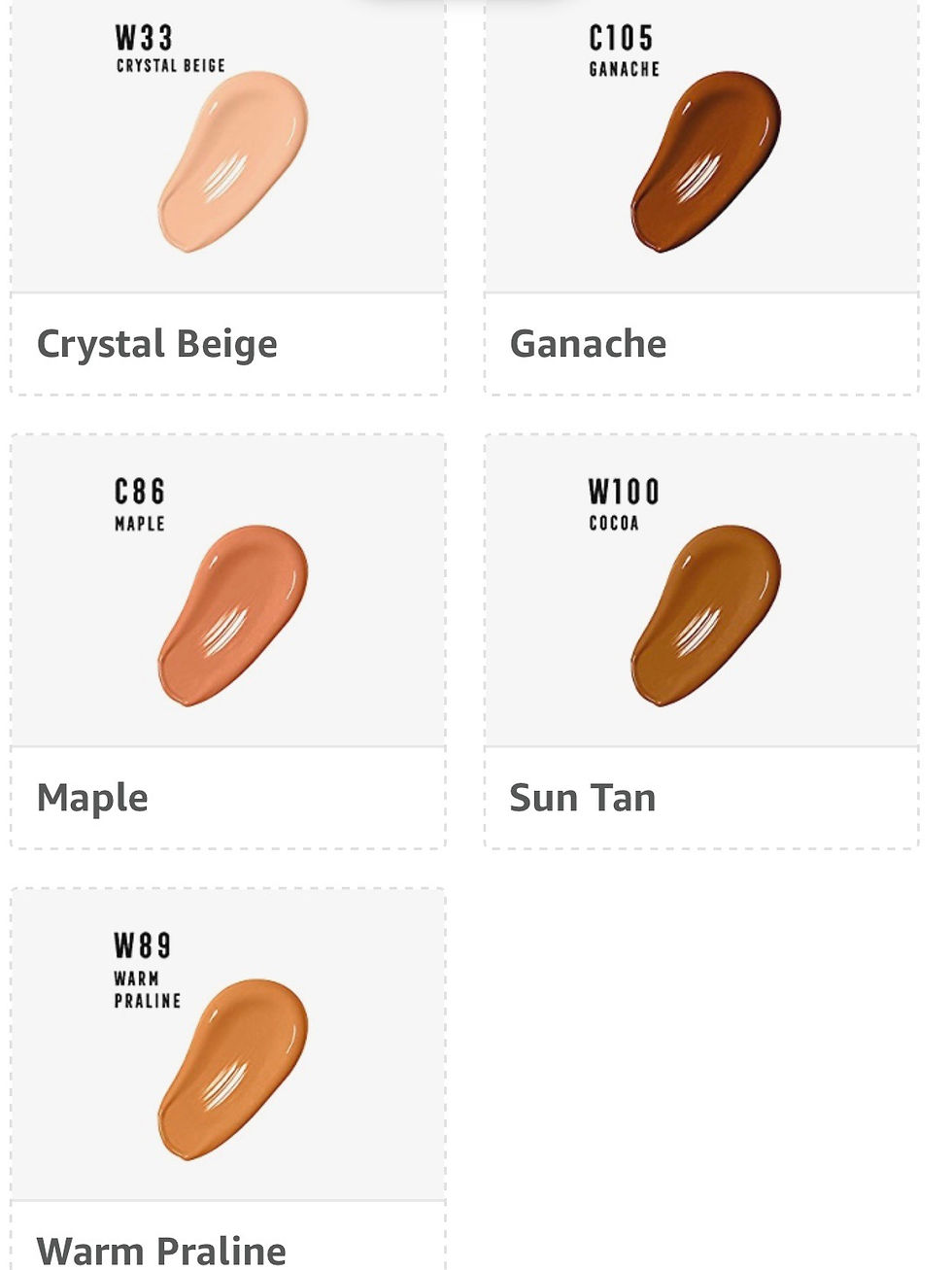 Miniaturebillede: Various foundation shades: Crystal Beige, Ganache, Maple, Sun Tan, and others.