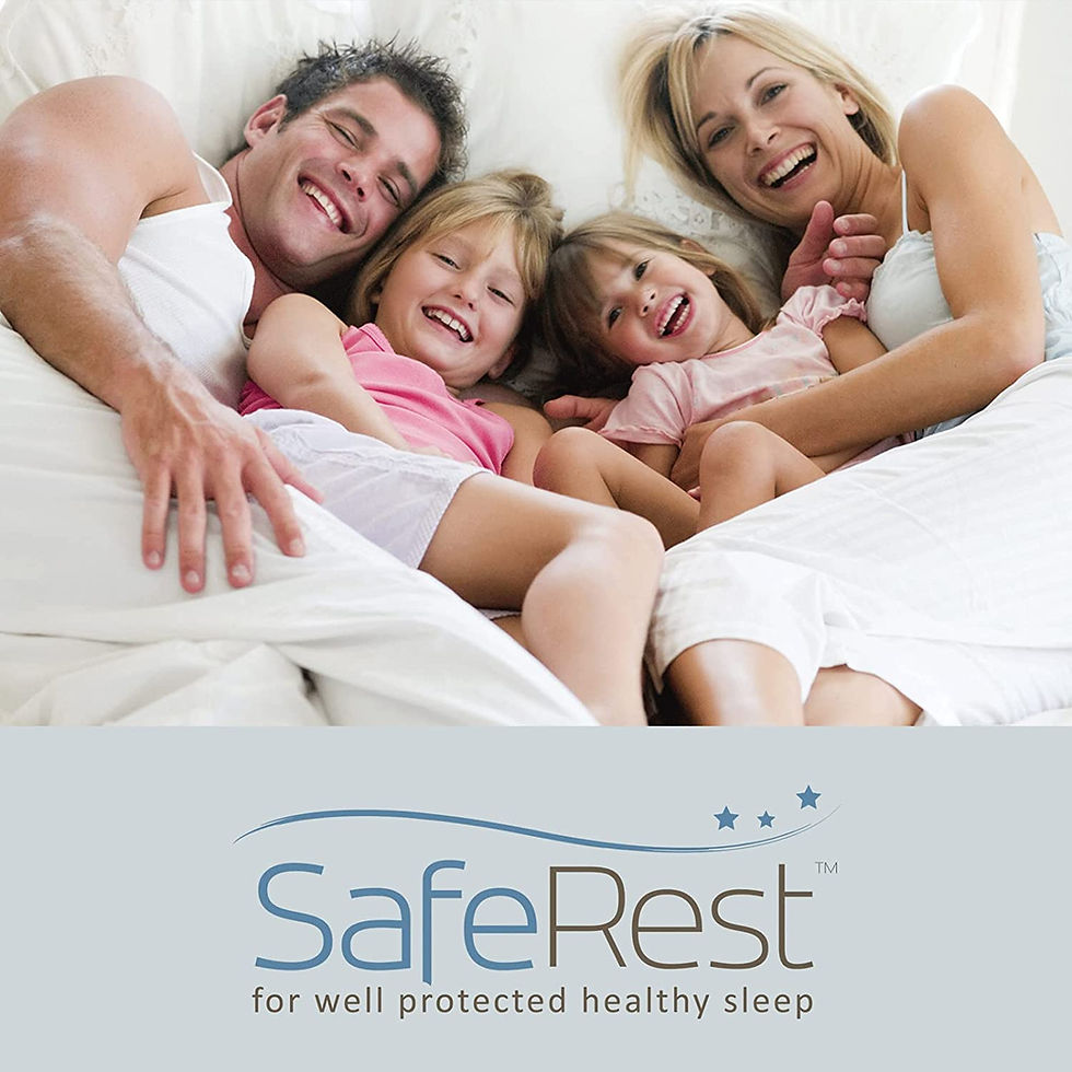 Miniaturebillede: Family of four laughs on a bed, SafeRest logo, well protected healthy sleep