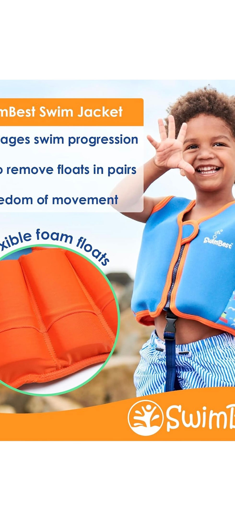 Miniatura: Boy wearing SwimBest Swim Jacket, encourages swim progression with removeable foots.