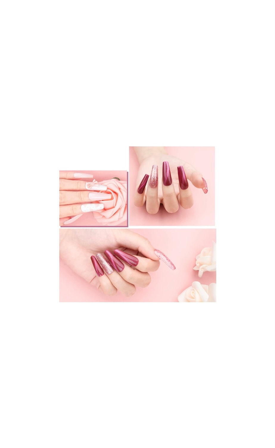 Thumbnail: Three images of hands with long, shiny, red nail polish on a pink background