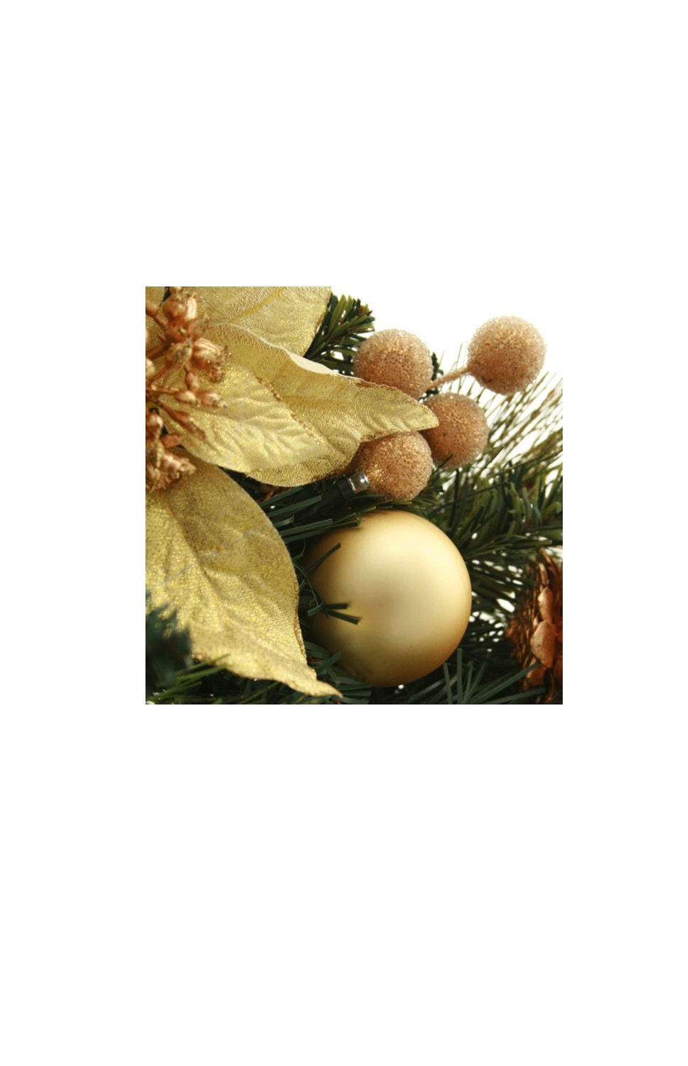 Thumbnail: Close-up of golden Christmas ornaments and festive greenery decorations on white background