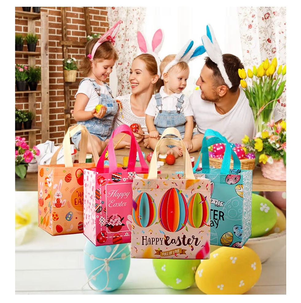 Thumbnail: Family wearing bunny ears, "Happy Easter" gift bags, and colorful eggs.