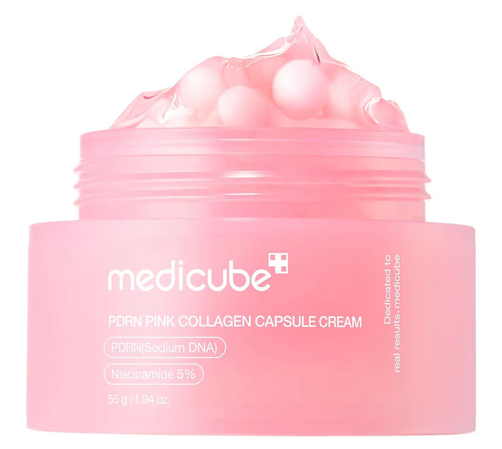 Pink medicube+ jar, PINK TEATREE COLLAGEN CAPSULE CREAM, skincare product.