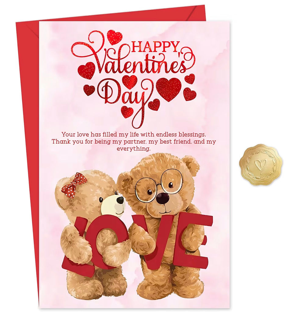 Miniatură: "Happy Valentine's Day" card, teddy bears holding "LOVE", golden chocolate beside.