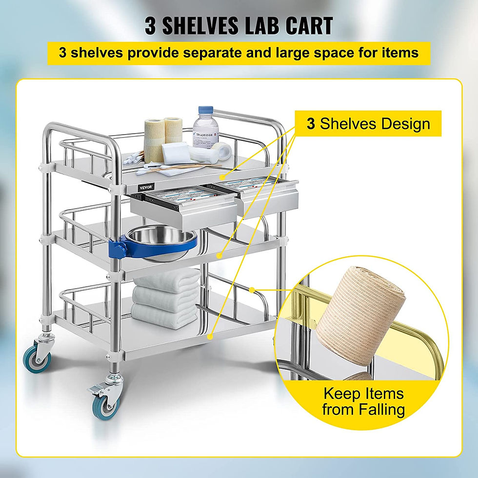 Thumbnail: Stainless steel lab cart, text reads, 3 Shelves Lab Cart, Keep items from falling.