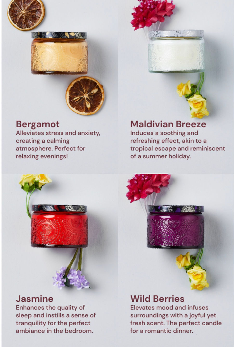 Miniatură: Four aromatherapy candles: Bergamot, Maldivian Breeze, with natural floral decorations.
