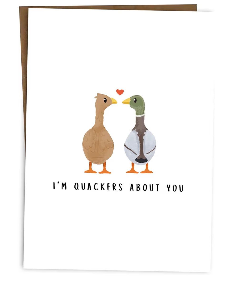 Miniaturbild: Two cartoon ducks, red heart, and 'I'M QUACKERS ABOUT YOU' text.
